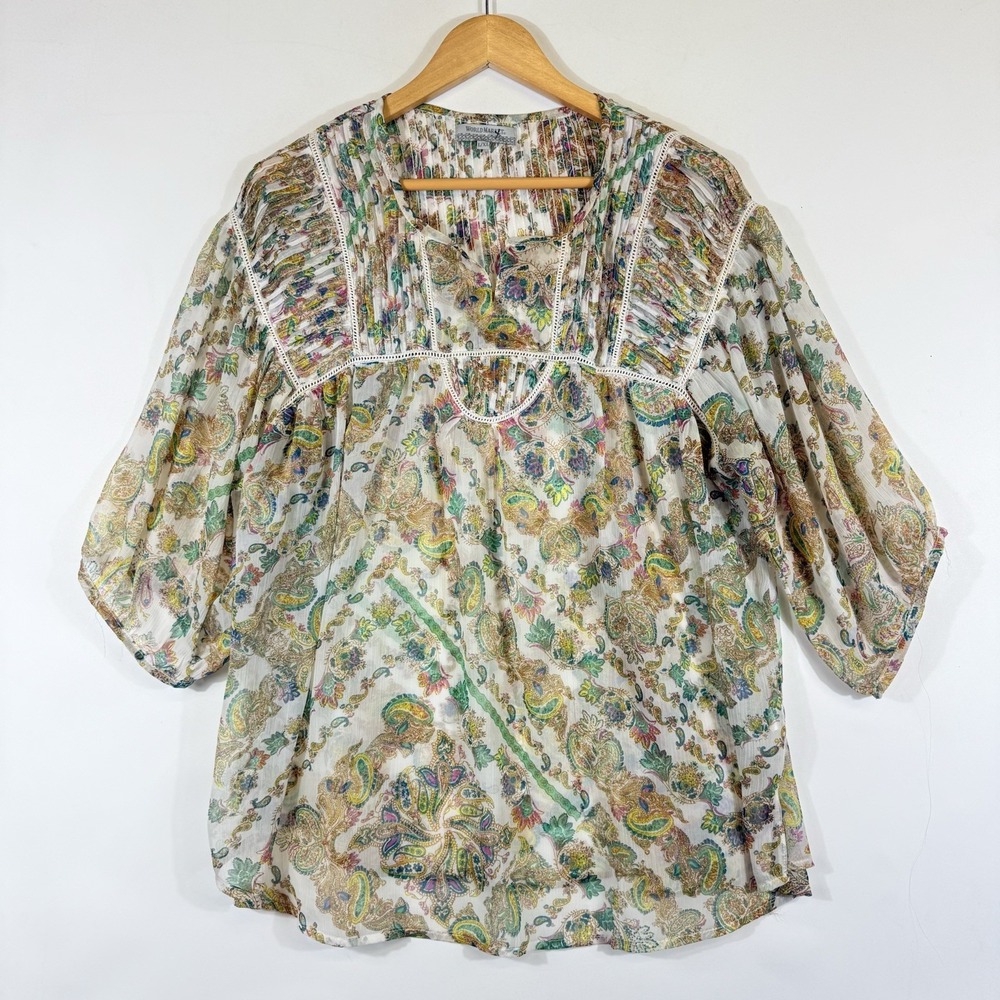 World Market Womens Large XL Sheer Beige Paisley Boho Peasant Pintuck Shirt Top